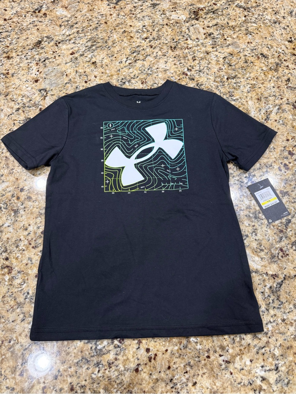 Boys Under Armour Black Tee with White Logo and Green Accent Graphic